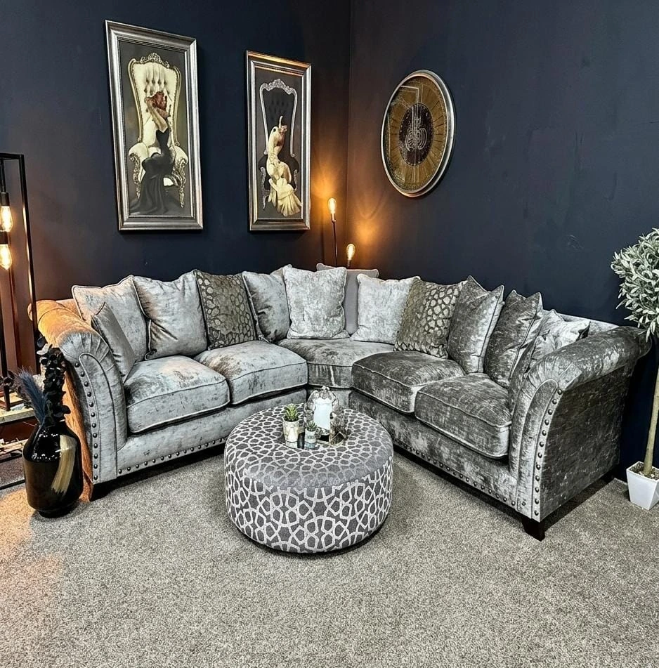 Harrison Chesterfield Silver Grey Crushed Velvet Corner Sofa - Sofas furniture in UK