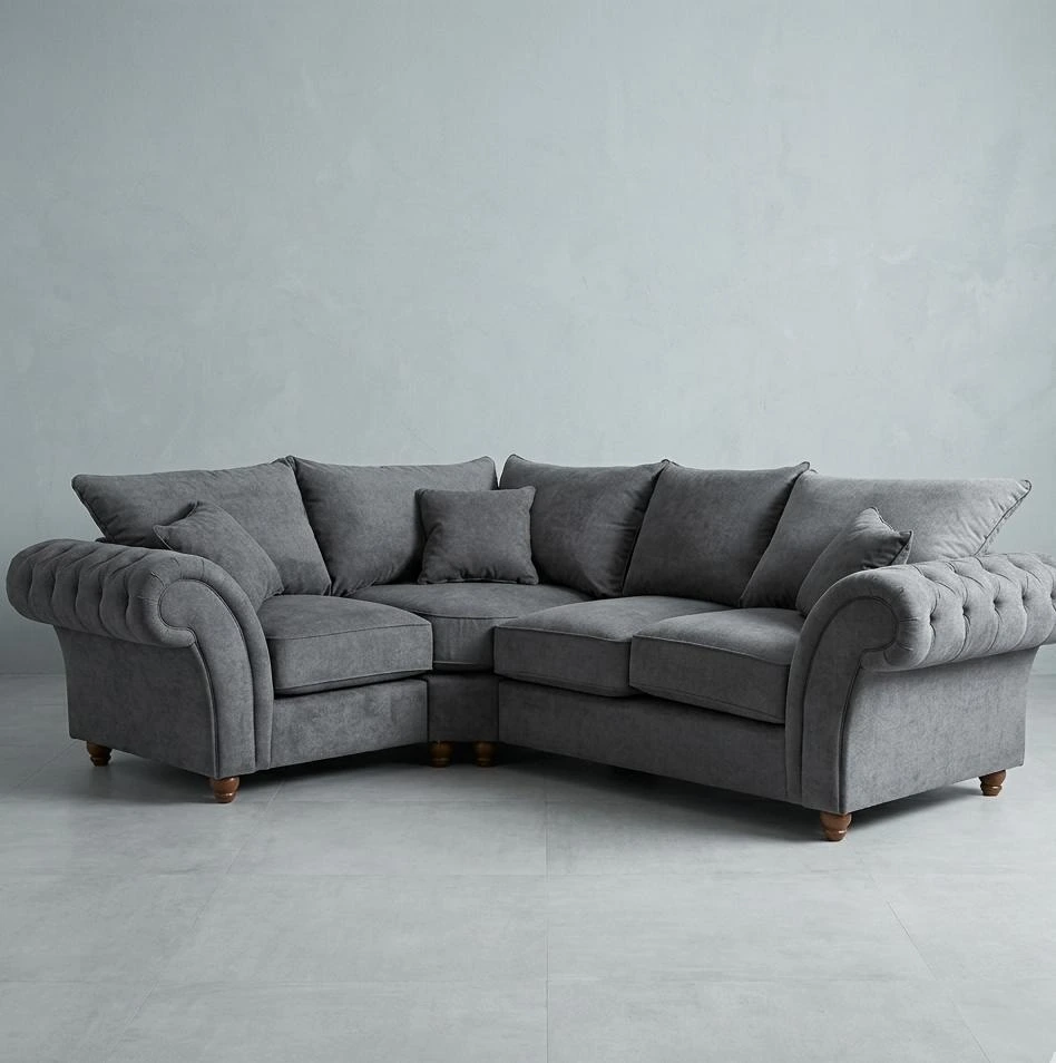 Nicole Left Arm Highback 4 Seater Corner Sofa – Premium Grey Plush Velvet - Sofas furniture in UK