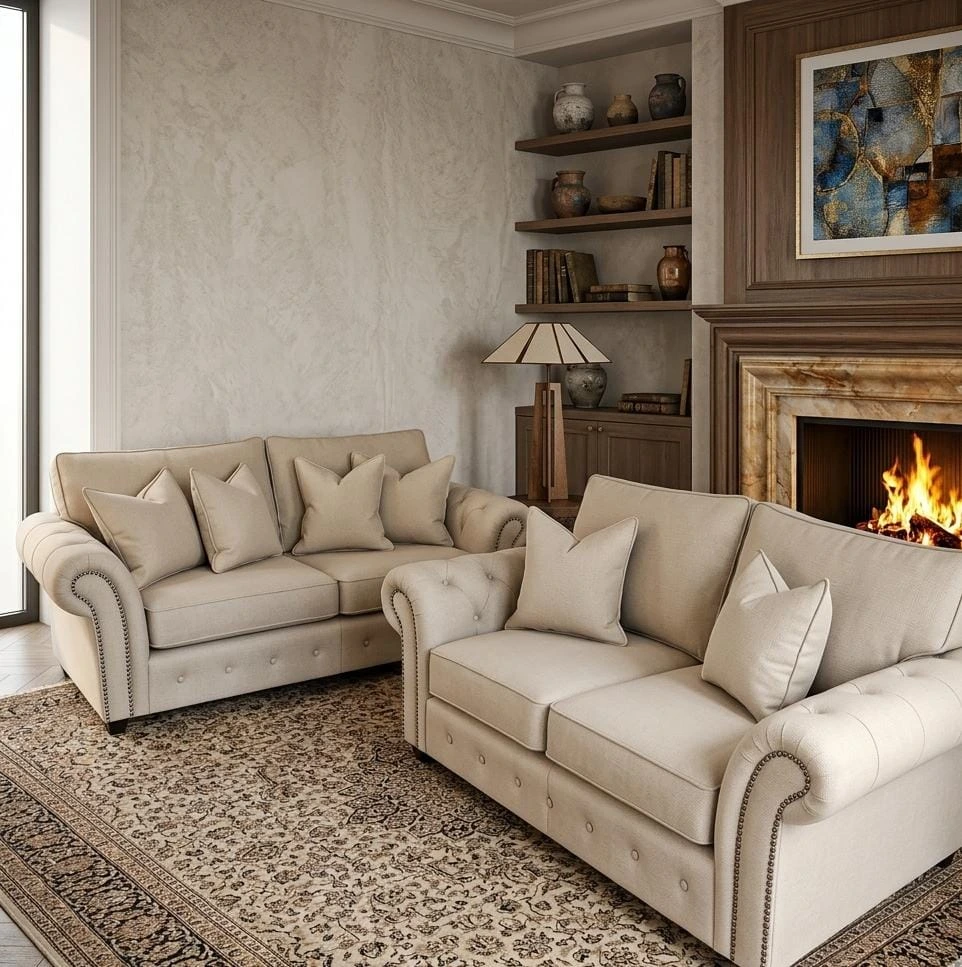 Harrison Round Button Chesterfield Cream 3 and 2 Seater Sofa Set - Sofas furniture in UK