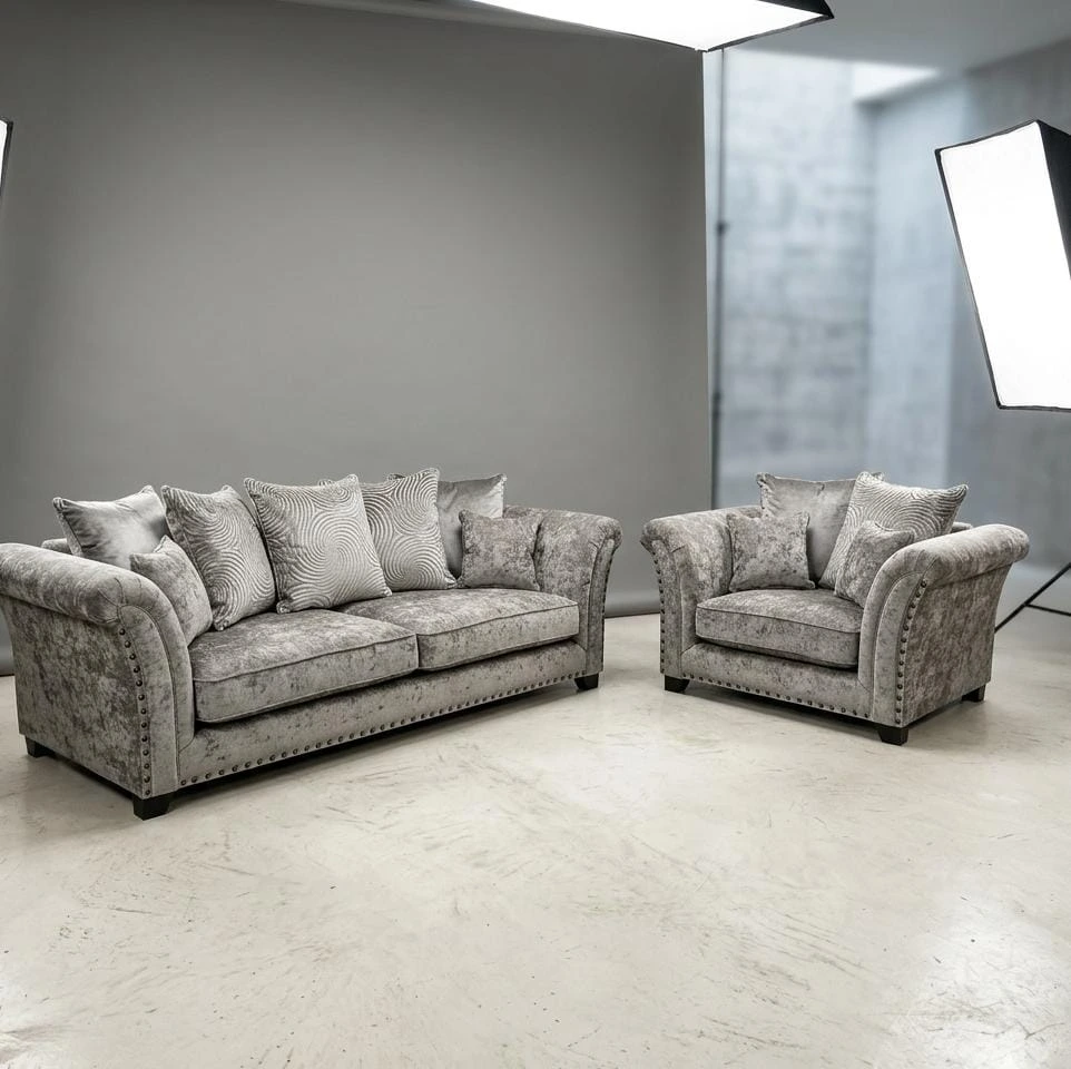 Harrison Chesterfield Silver Grey Chenille 3 Seater Sofa and Chair Set - Sofas furniture in UK