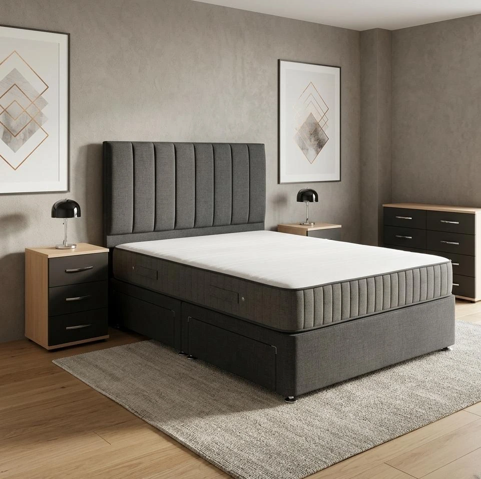 Charcoal Linen Double Divan Bed Set with Premium Mattress and Headboard - Beds furniture in UK
