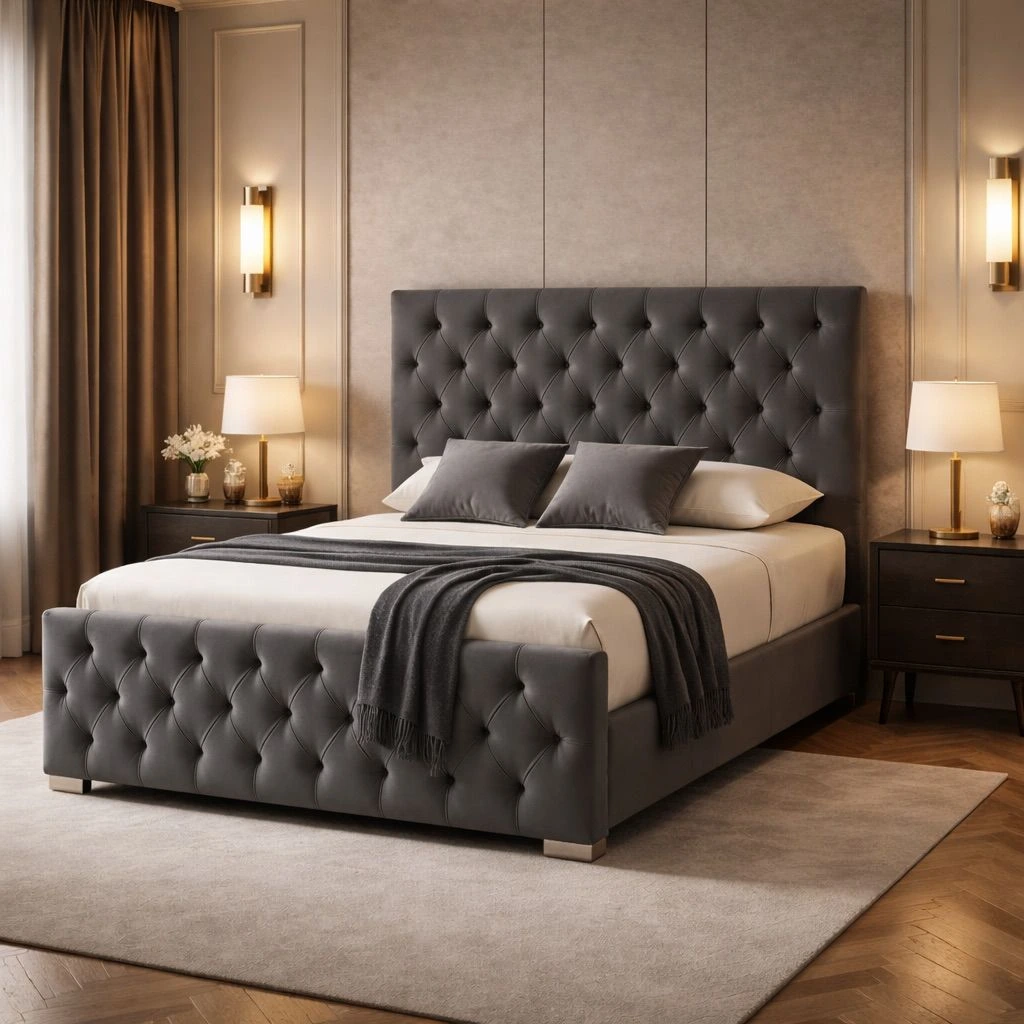 Florida Slate Grey Upholstered Double Bed Frame with Premium Ortho Mattress - Beds furniture in UK