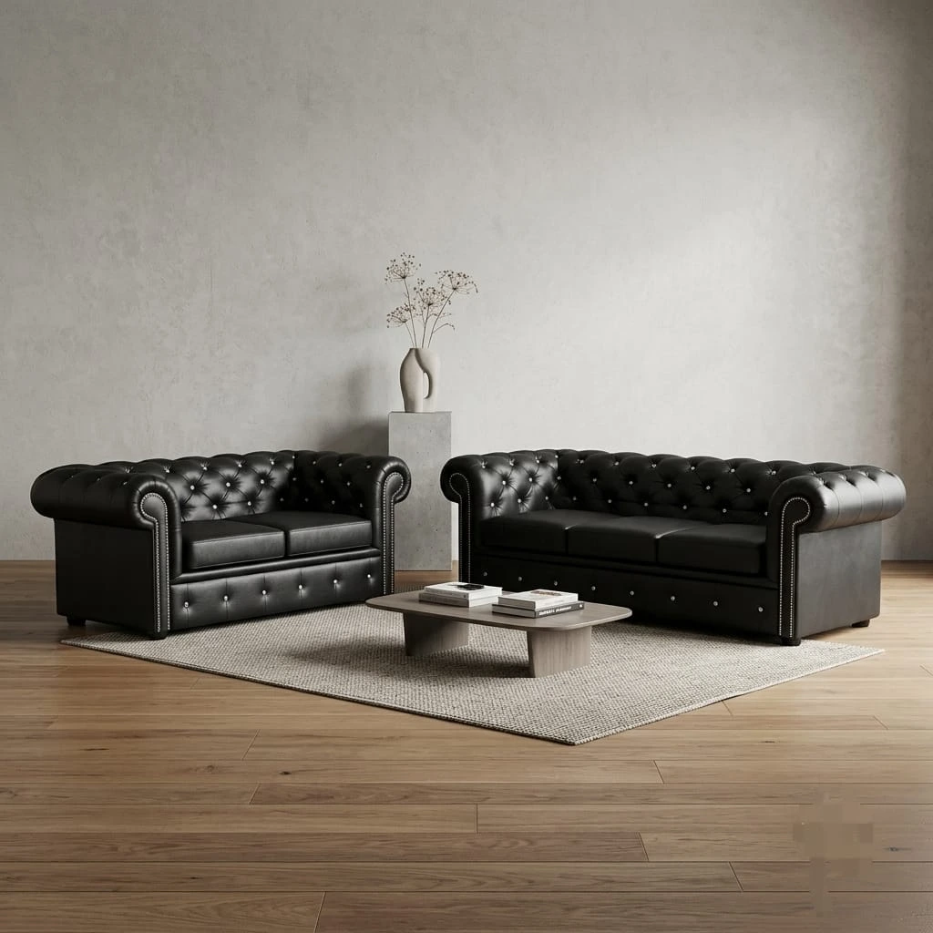 Luxury Black Leather Chesterfield 3 and 2 Seater Sofa Set - Sofas furniture in UK