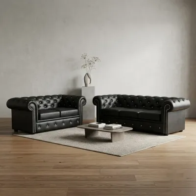 Luxury Black Leather Chesterfield 3 and 2 Seater Sofa Set – 3+2 sofa set for the living room