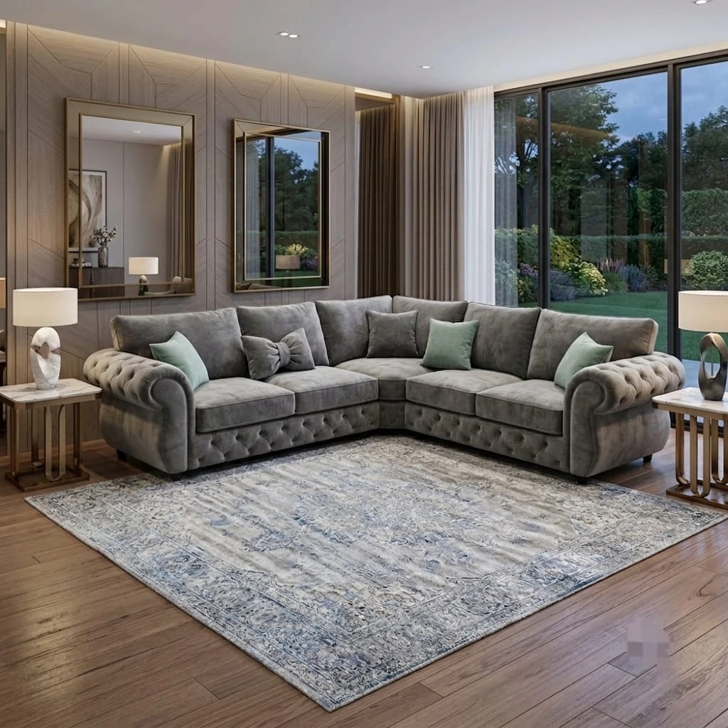 Rio High-Back Grey Velvet L-Shape Sofa with Tufted Base and Mint Accents - Sofas furniture in UK
