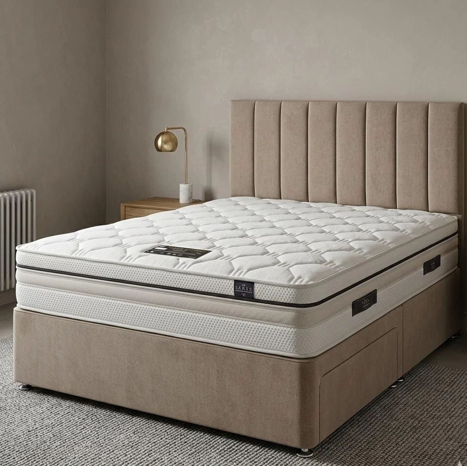 Double Mink Plush Velvet Divan Bed Set with Vertical Panel Headboard and Mattress - Beds furniture in UK