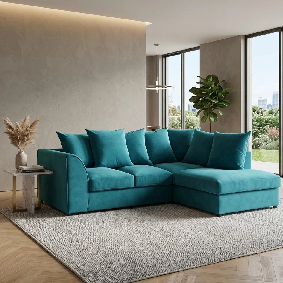 Dylan Teal Velvet 4 Seater Right Arm Corner Sofa - Sofas furniture in UK