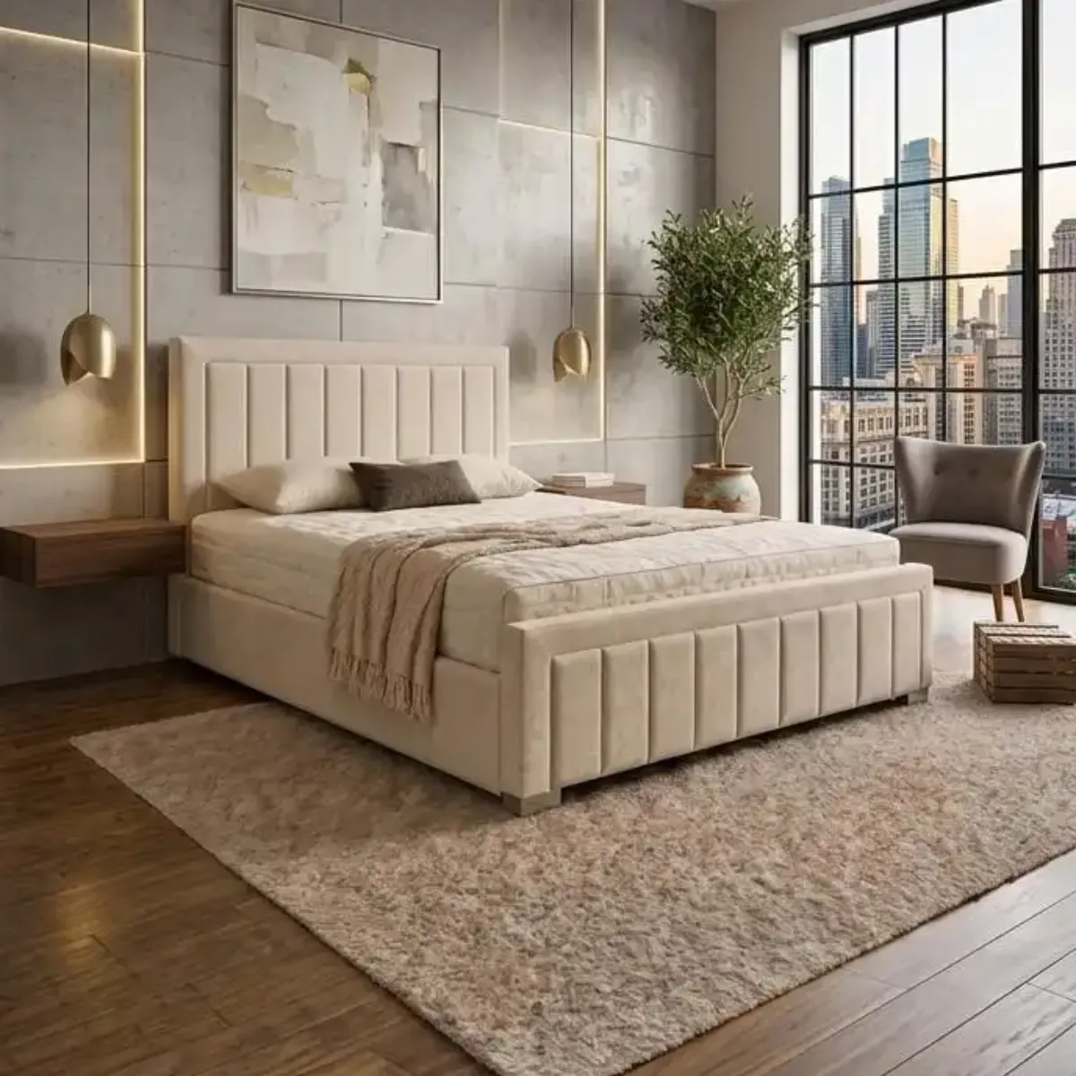 Luxury Cream Velvet Double Bumper Line Bed Frame with Mattress – Free UK Delivery - Beds furniture in UK