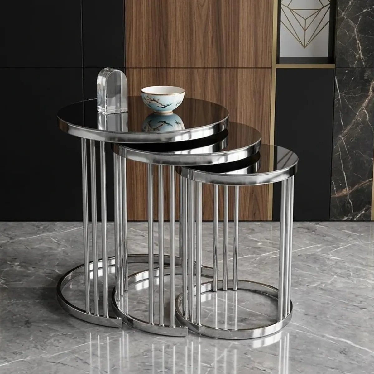 Carre Square Black Glass Nest of 3 Tables with Silver Chrome Frame - Coffee tables furniture in UK