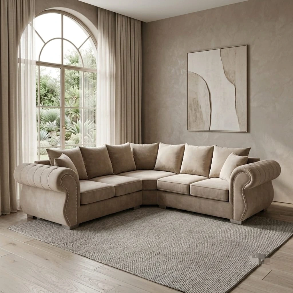 Rio 5-Seater Beige Velvet L-Shape Sofa with Studded Scroll Arms - Sofas furniture in UK