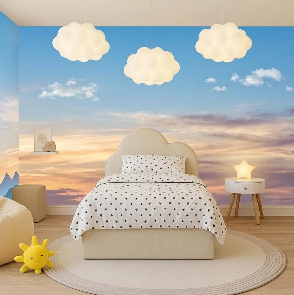 Cream Plush Velvet Cloud Shape Toddler Bed With Mattress - Beds furniture in UK