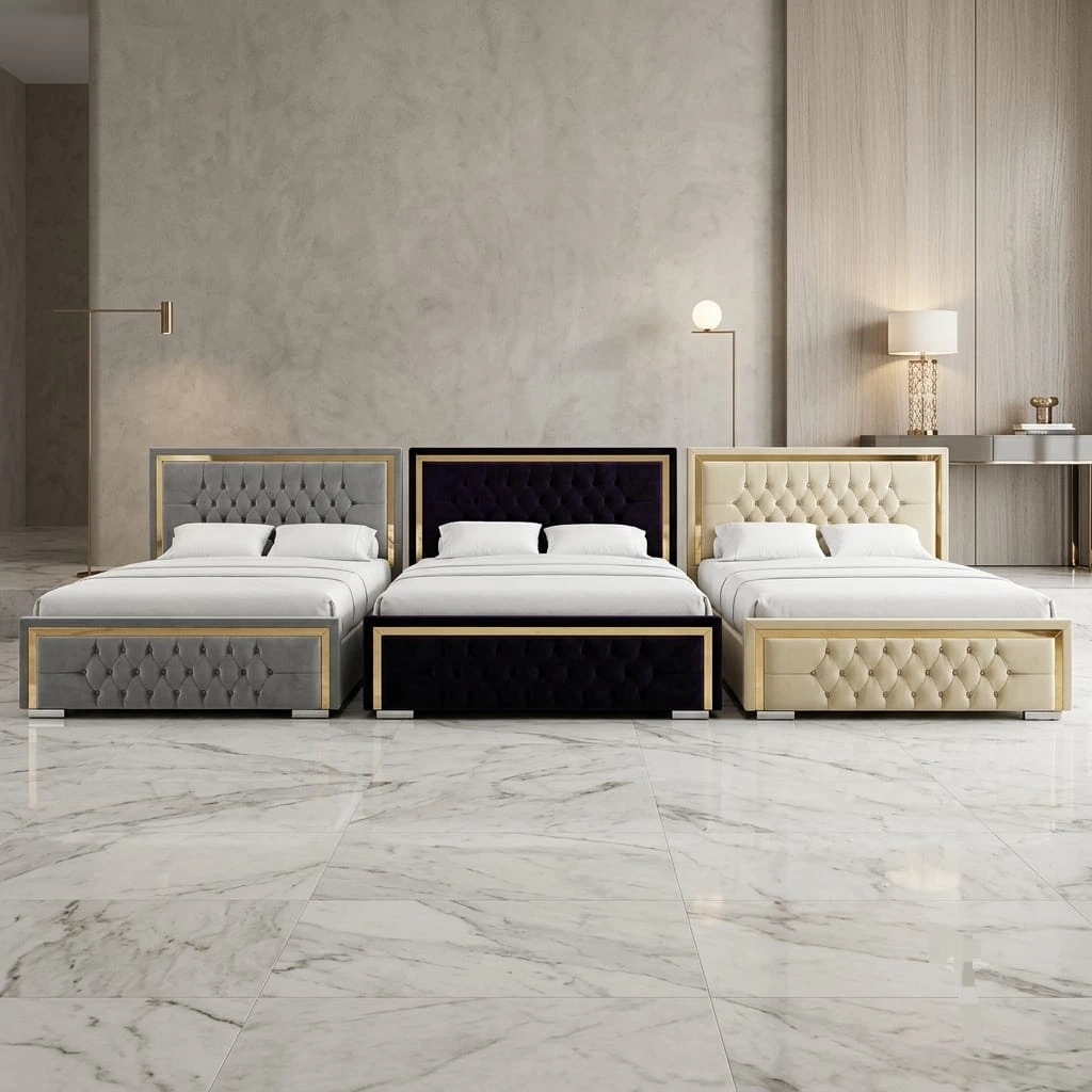 Golden Line Chesterfield Velvet Double Bed with Mattress – Cash on Delivery & Free UK Delivery - Beds furniture in UK