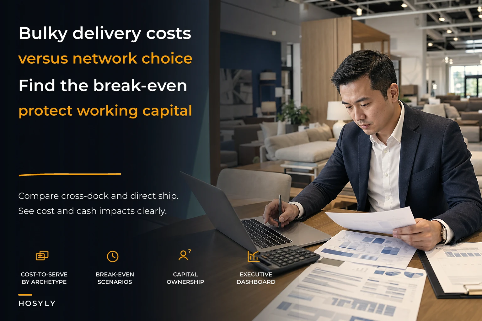 Fulfillment-network cost-to-serve model for bulky furniture and working-capital dashboard