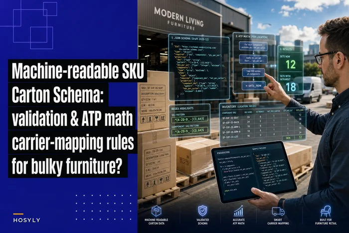 Machine‑readable SKU & carton schema + validation, ATP math and carrier‑mapping rules for bulky furniture