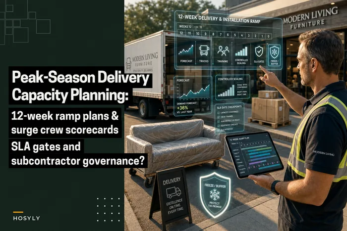 Peak‑season delivery and installation capacity planning for furniture: 12‑week ramps, surge crew scorecards and subcontractor gates