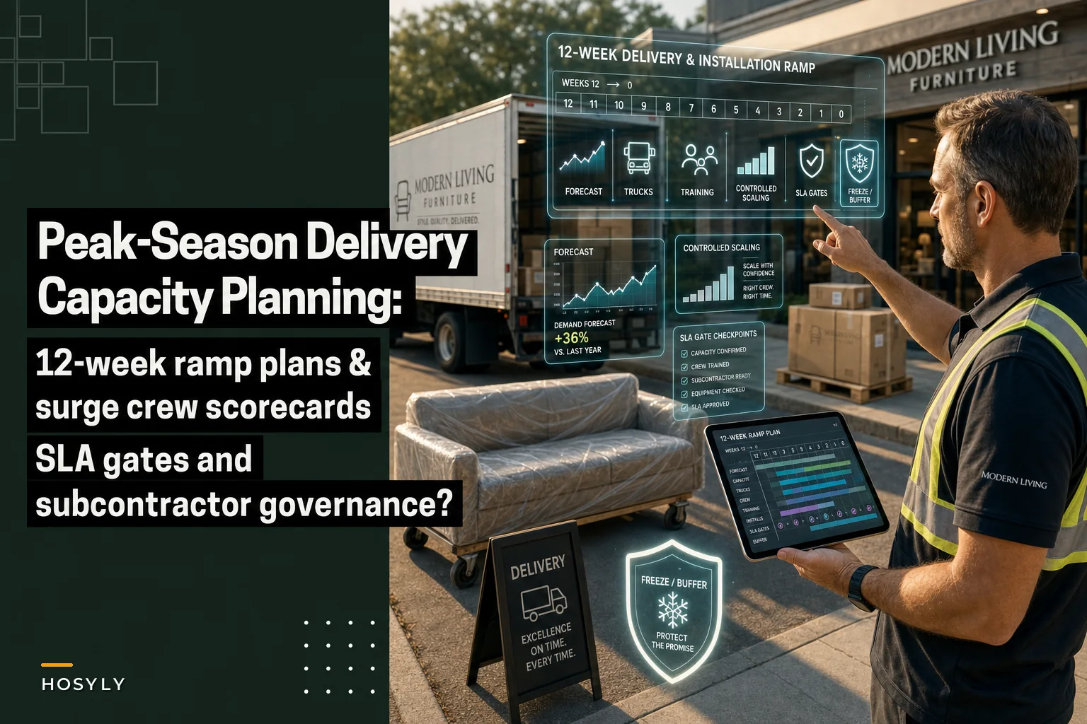 Peak‑season delivery and installation capacity planning for furniture: 12‑week ramps, surge crew scorecards and subcontractor gates