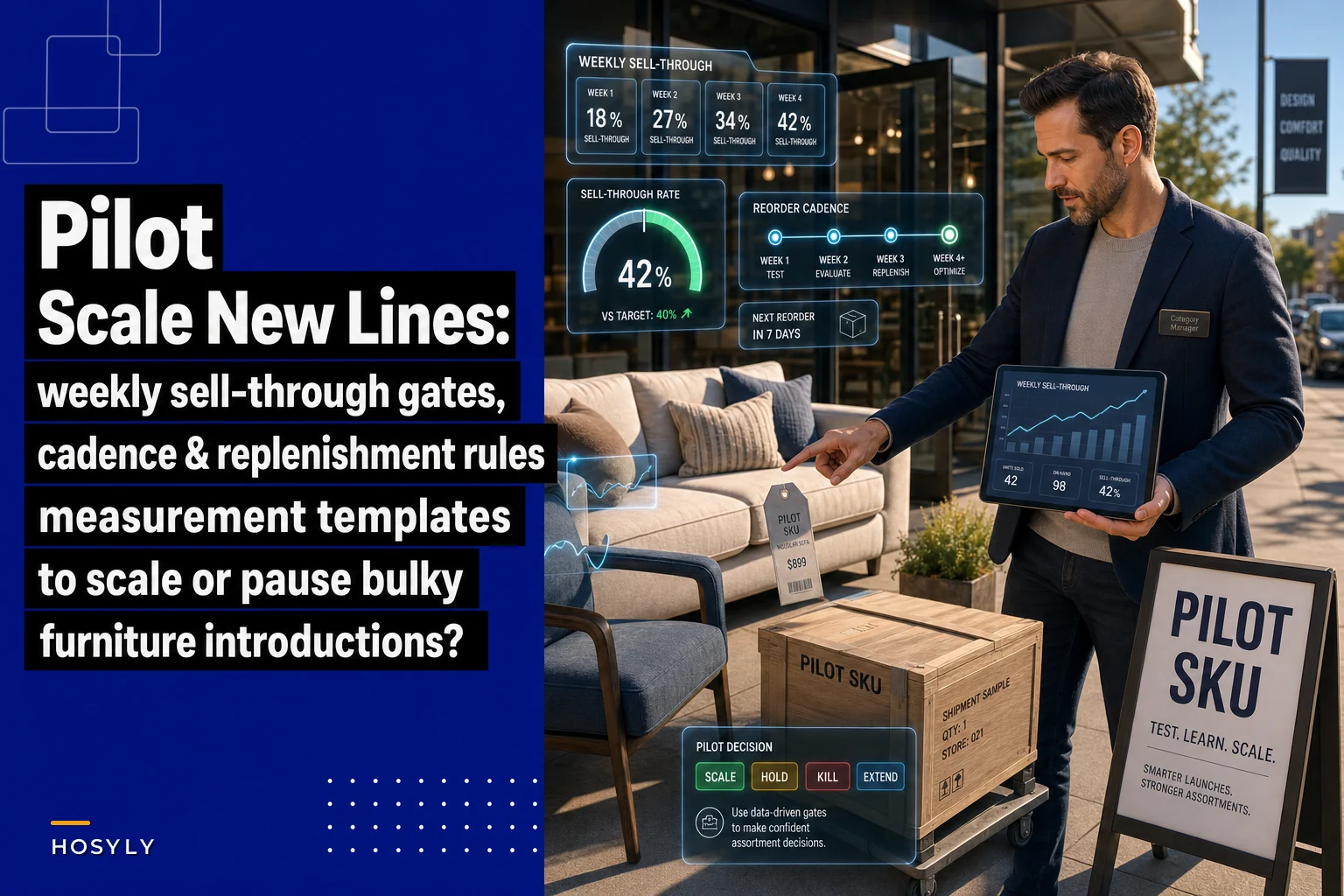 Pilot and scale new furniture lines: sell-through gates and replenishment cadence to avoid excess stock