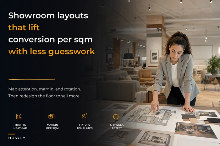 Showroom layouts that lift conversion per sqm: fixture templates and sample‑rotation math for bulky furniture