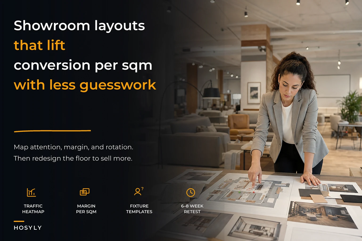 Showroom layouts that lift conversion per sqm: fixture templates and sample‑rotation math for bulky furniture