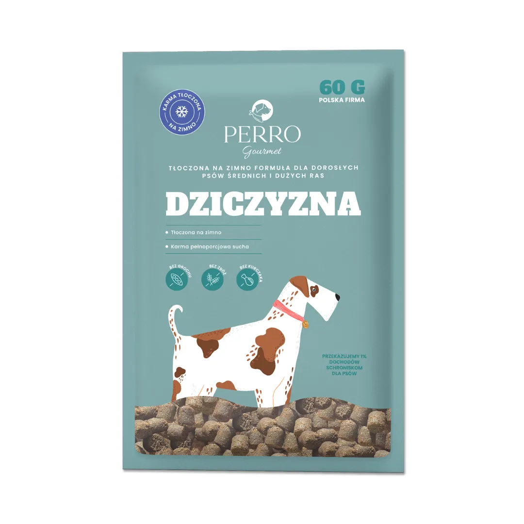 Próbka karmy suchej tłoczona na zimno Gourmet dziczyzna 60g