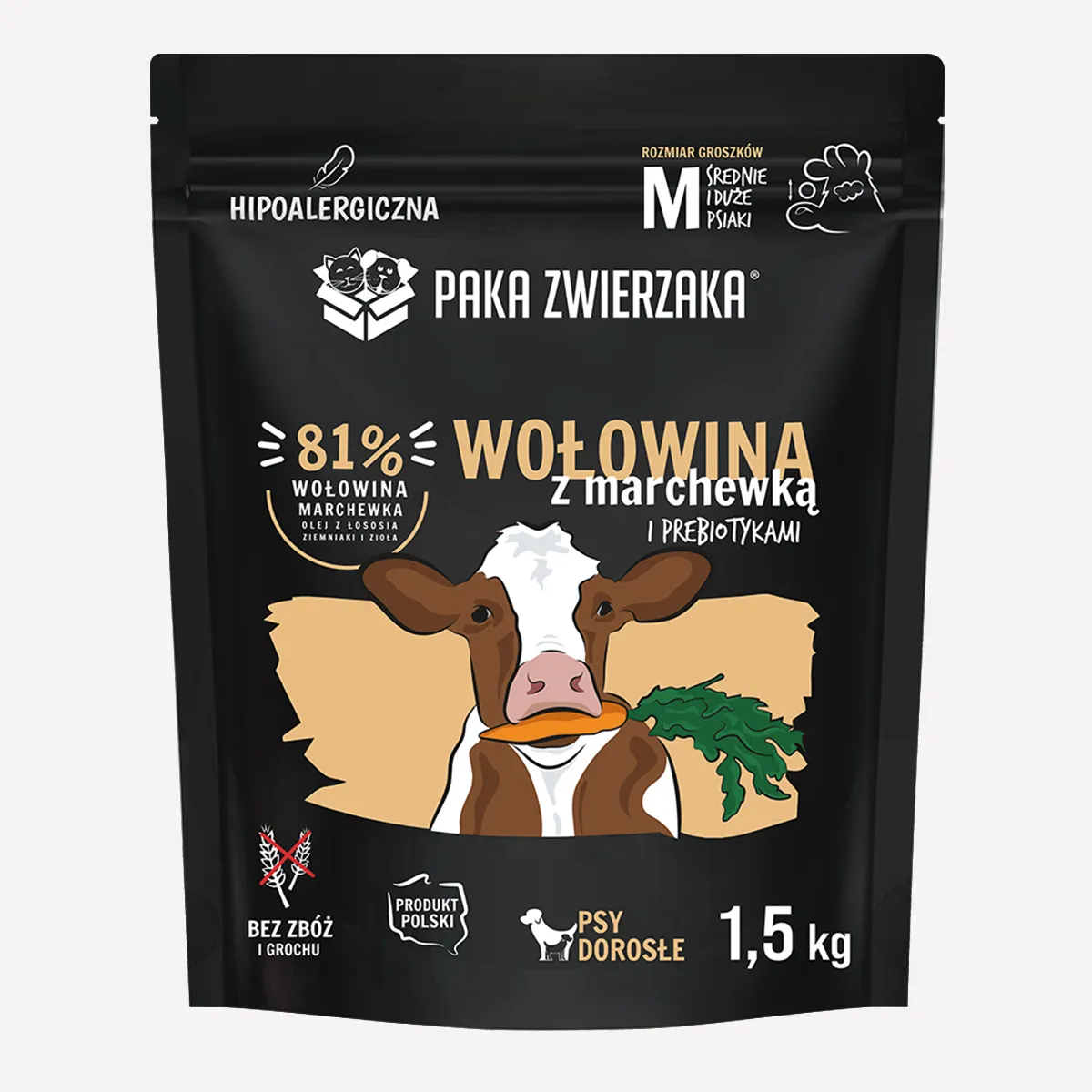 Karma sucha dla psa PAKA ZWIERZAKA wołowina z marchewką M 1,5 kg