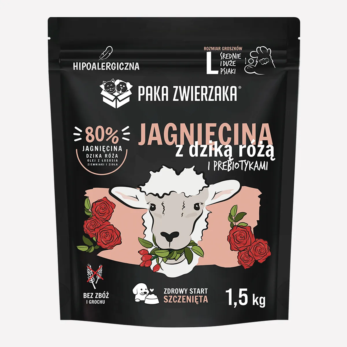 Karma sucha dla psa PAKA ZWIERZAKA jagnięcina i dzika róża PUPPY L 1,5 kg