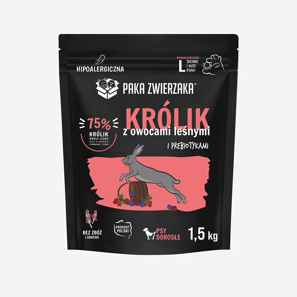 Karma sucha dla psa PAKA ZWIERZAKA Królik z owocami leśnymi „L” 1,5 kg