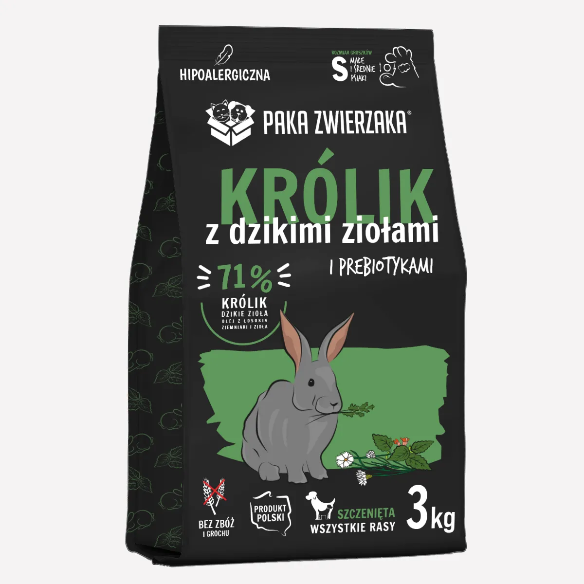 Karma sucha dla psa PAKA ZWIERZAKA królik z dzikimi ziołami PUPPY S 3 kg
