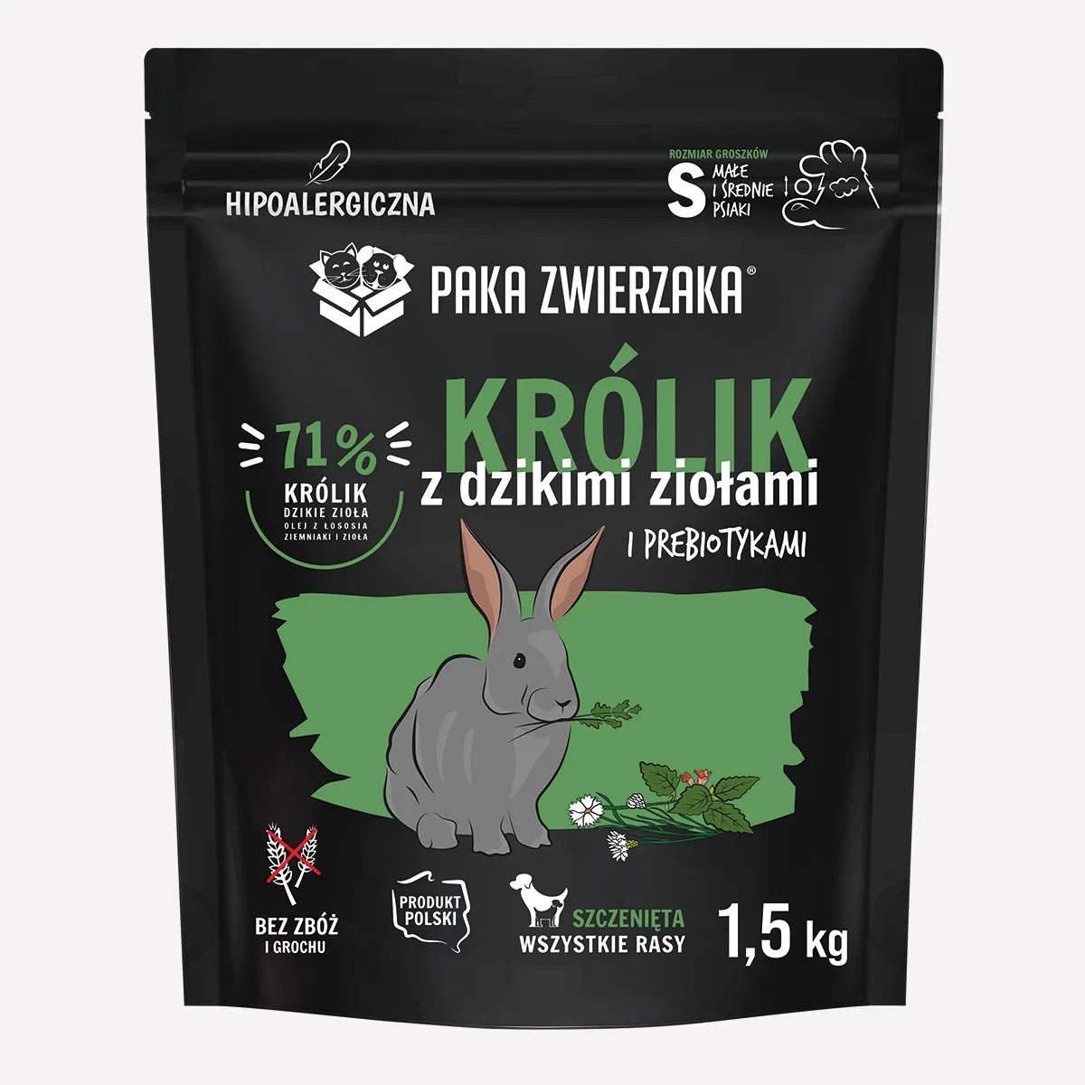 Karma sucha dla psa PAKA ZWIERZAKA królik z dzikimi ziołami PUPPY S 1,5 kg