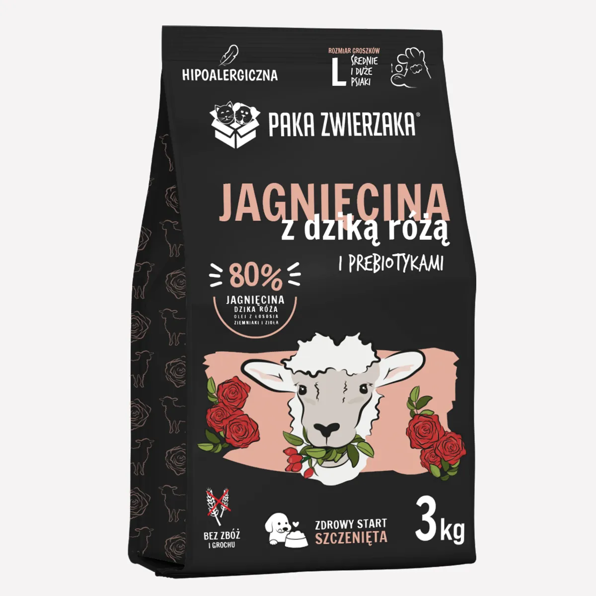 Karma sucha dla psa PAKA ZWIERZAKA jagnięcina z dziką różą PUPPY L 3 kg