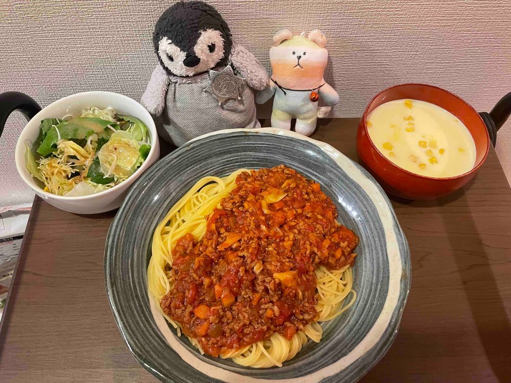 しらたまくっきんぐの時間だよ！
今日は…ミートスパゲッティ！！ソースから作ったからお肉いっぱいだよ〜。ささ、たくさんめしあがれ〜🐧🍝