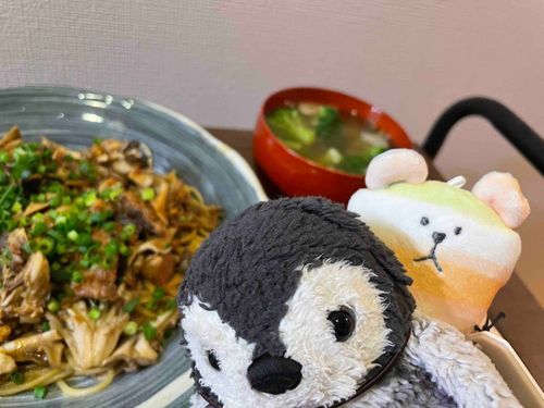 しらたまくっきんぐの時間だよ。今日は鯖の味噌煮のパスタ！ネギものせて美味しくできたよ🐧🍝