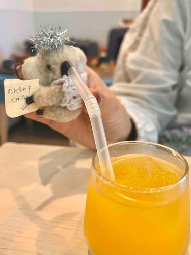ぬいぐるみの、かふぇやさんに、きました🐨なげは、みかんじゅーす、たのめましたよ🐨❕のみものを、くださいの、かーどをもち、たのめましたよ🐨😍