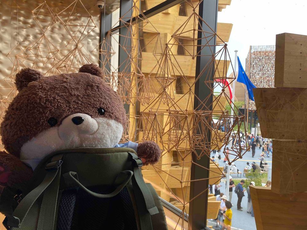 大阪万博の大屋根リングの上に登って一周したよ。万博内のいろんなパビリオンの建物だけじゃなくて、大阪湾内を行き交うタンカーやコンテナクレーンも見られてとても楽しかったよ。写真は、アゼルバイジャンパビリオンの上にあったカフェで休憩するカワミちゃんと、ポーランドパビリオンの中のカワミちゃんだよ。