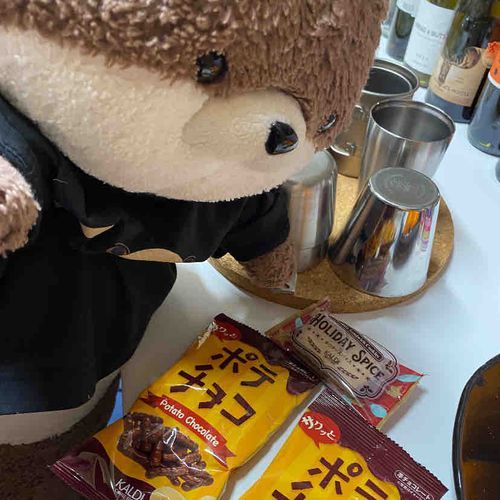 カワミちゃんだよ。久々にカルディに行ったのでお菓子を買ってもらったよ。このポテチョコ、超おいしいんだ…。チョコクッキーサンドも、シュトーレン味のが出てたよ。みんなも買ってみてね。