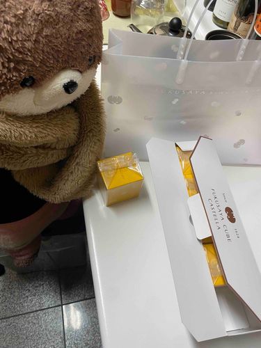 こんにちは、カワミちゃんだよ。今日はおとうさんの職場の人にオヤツをもらったよ。開けてみたら…カステラだった！カワミちゃんはカステラが大好きなんだ❣️