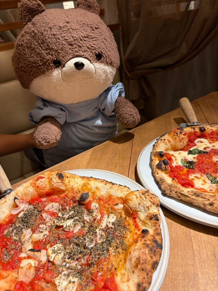 カワミちゃんだよ。今日も雨だけどお出かけしたよ。お昼ごはんにピザを食べに来たよ〜🍕お店の内装が素敵で、カワミちゃんは気に入ったよ❣️