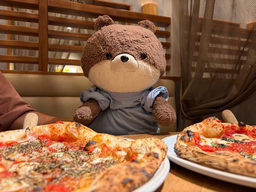 カワミちゃんだよ。今日も雨だけどお出かけしたよ。お昼ごはんにピザを食べに来たよ〜🍕お店の内装が素敵で、カワミちゃんは気に入ったよ❣️