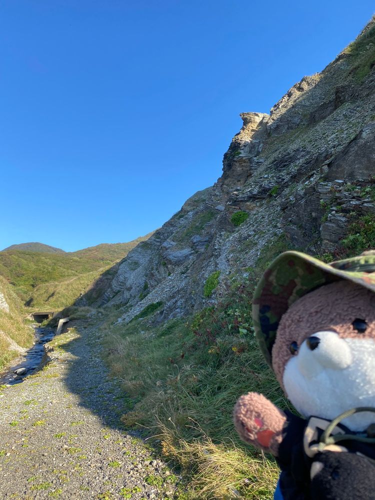 津軽半島その2だよ。
一枚目の写真は、岩木山とリンゴ園、二枚目の写真は北国にしか生えない『エゾニュウ』っていう気持ち悪い花だよ。三枚目は竜飛岬近くの岩山に登るおとうさんだよ。最後の写真は、幕末に吉田松陰が津軽半島に来た時に通った小道？だってさ。山口県からはるばる青森県に来るってすごいよね…