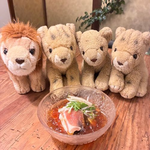 水茄子と生ハムのサラダだよ〜🥗
ママとパパがちょこちたち4匹とご飯を食べるために個室を取ってくれたの！京都の古民家でゆったり夜ご飯〜🍚