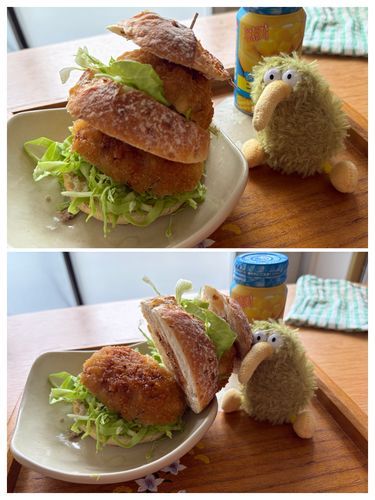 同居人のふくろうがよく切れるパンナイフを手に入れて、4枚に切ろうとしたのに失敗したういん。
なので無理やりバーガー風にしたメンチカツサンド〜！
「何だこりゃ」とシゲシゲ見てたら崩落してきた😣
小さいみんなは大きな食べ物には注意するういん🤕

