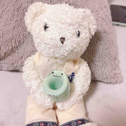 ごしゅじんはこのかえるくんの歯ブラシ置きにひとめぼれしたんだって。うれしがってたよ。
