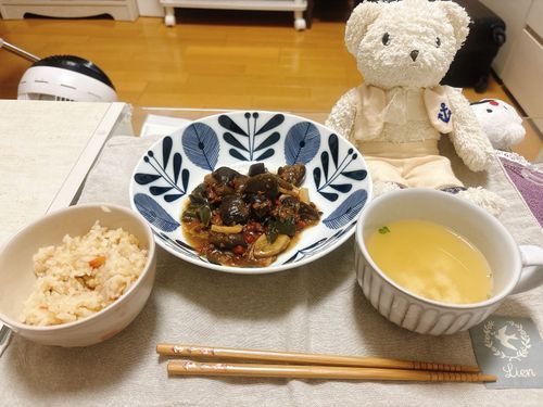 ごしゅじんげんきだよー💓僕もげんきいっぱいですごしてるよ！
これはばんごはんの肉みそおなすと炊き込みごはん！ごしゅじん、たべてもたべてもおなかへっちゃうんだって！😌