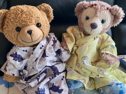 🧸「こんにちは！くま太郎とプリンちゃんなの🧸💕🧸
きょうはいつもあついからたまにはすずしいすがたでってままがじんべいきせてくれたのー！
これでおまつりいけたらうれしかったけどぼくんちなにもおまつりやらないからおうちでたのしむの🤭」

🧸🍮「ぷりんぽけもん！にぃにはきょーりゅーさん！！かわいい？(っ ॑꒳ ॑c)」