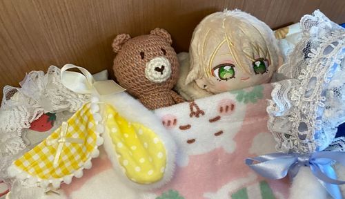 こんばんは！新米プロデューサーくま太郎ままとあいらちゃんです🌙*ﾟ
明日は私が編み物教室へ行くのであいらちゃんを連れて行くのですが、また美味しいの食べれるってワクワクしているらしく早めに寝ると🤣
お布団入って寝る気満々だけど目が輝いている🥹💕

新しい子も寝る準備しようか迷っちゃうよ😂💦