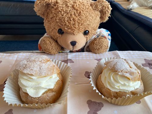 🧸「こんにちはー！くま太郎なの🧸
いっかげつにいっかいのたのしみ、だいすきなシュークリームをかってきたの🤭💕
ここのシュークリームぜいたくてだいすきなんだぁ(*˘︶˘*).｡.:*♡
こんかいもおいしくたべたけどもうたべたい🤤💕」