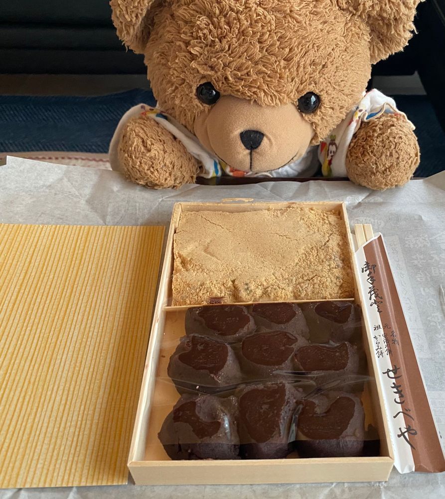 🧸「こんにちは!くま太郎なの🧸
きょうはね~。安倍川餅たべたの!しっているかな?☺️
きのうしょうかいした桔梗信玄餅とはまたちがった生のおもちにちかいたべものなのよ🤭💕
もちもちうまうま👀✨おいしくてぜんぶたべちゃったのー!😆」