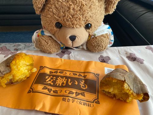 🧸「こんにちは！くま太郎なの🧸
きょうはやきいもたべたの(🍠•᎑•🍠)
きのうのサザエさんみたらやきいものおはなしでたべたくなっちゃった🤭💕
あんのういもにしたけど、ちっちゃ😳
もうすこしたべたかったなー🤔」