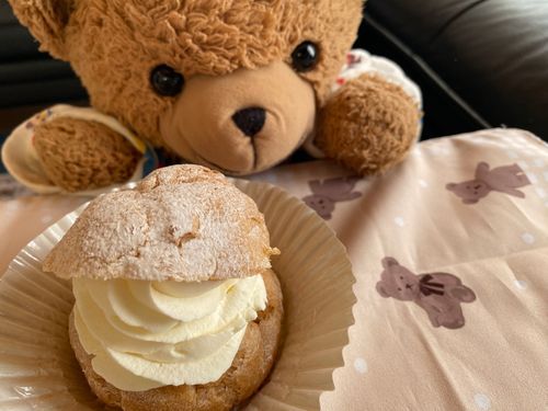 🧸「こんにちは！くま太郎なの🧸
きょうはままがおでかけにいくみたいだったからぼくはおるすばん！
すこしずつあるけるようにはなったけどまえよりもおなかをこわしやすくなったんだって～。ひえたりするといたくなるみたい🤔💦

おみやげにシュークリームかってきてもらったの🤤💕💕
もうすこししたらぼくもおでかけできるみたいだからたのしみ！！」