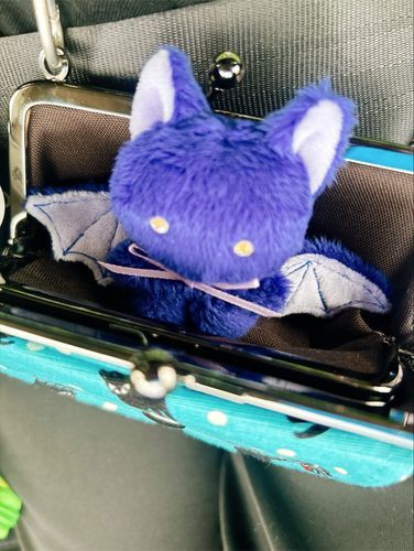 ごぶさたしていた ねこうもりちゃんだ。

ぬしが ついに おひっこしをして
しんてんちに いくため ともをしたぞ。

この ねこさんもようの がまぐちが とりあえず おれせんようの のりものに なりそうだ。
はねが のばせるので あんがい わるくない。

ぬしの これからに さちあれ、だな。